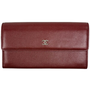 CHANEL Authentic Red Leather Logo Wallet